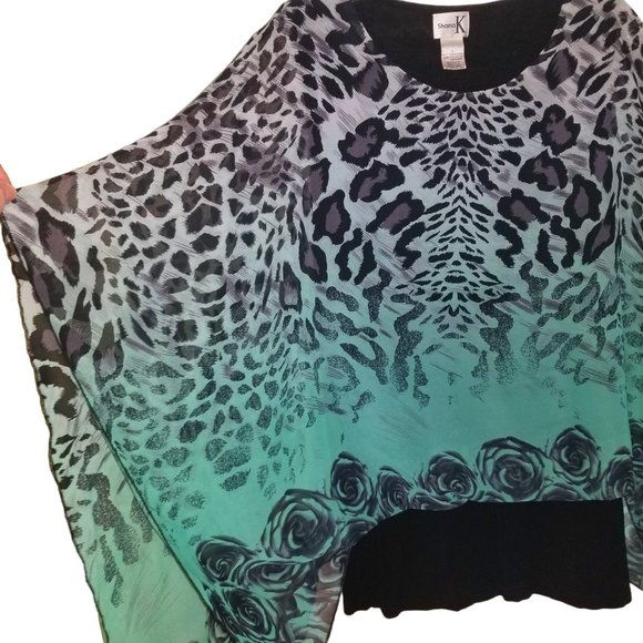Shana K L Blouse Womens Floral Animal Print Layered Top Casual poncho style - Picture 3 of 5